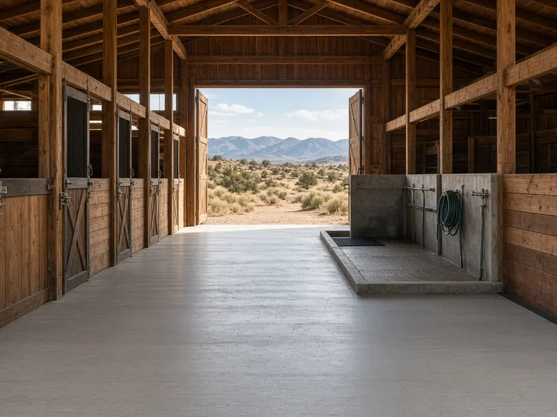Wooden horse barn aisle with a new broom-finish concrete floor and a concrete wash rack, desert mountains beyond the open doors