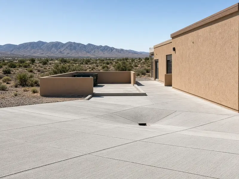 New concrete parking area with saw-cut joints, a drain inlet and a stucco dumpster enclosure