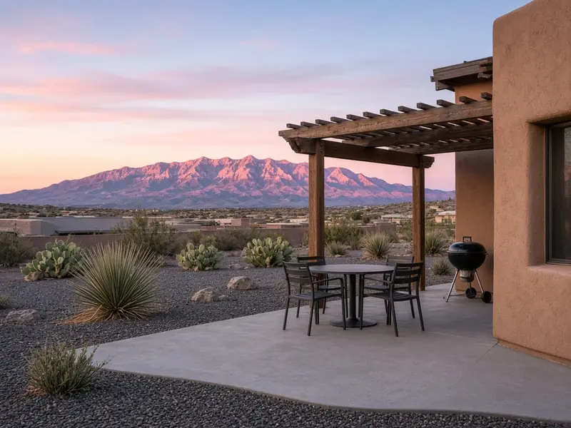 New concrete patio under a wood pergola with the Sandia Mountains glowing at sunset