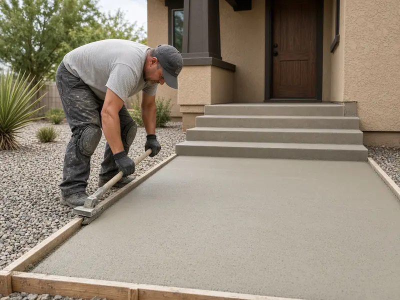 New concrete walkway and front steps leading to a stucco home with desert landscaping