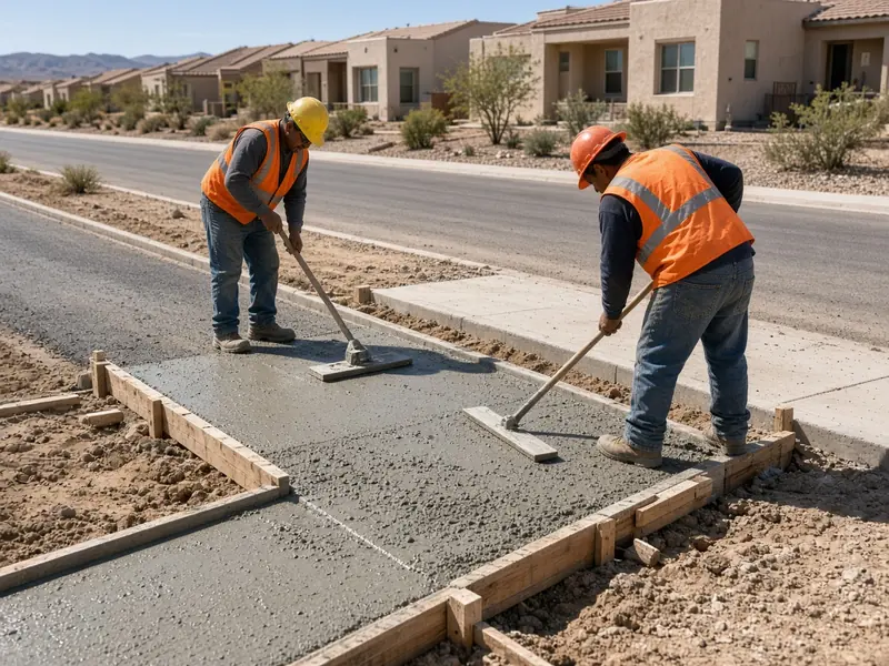 Two workers in plain safety vests floating fresh concrete inside wooden forms beside a new curb and sidewalk on a residential street