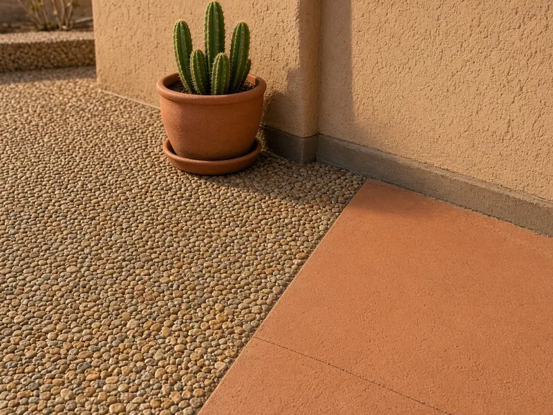 Sealed exposed aggregate concrete with tan and rust pebbles beside a band of terracotta stained concrete at a stucco wall