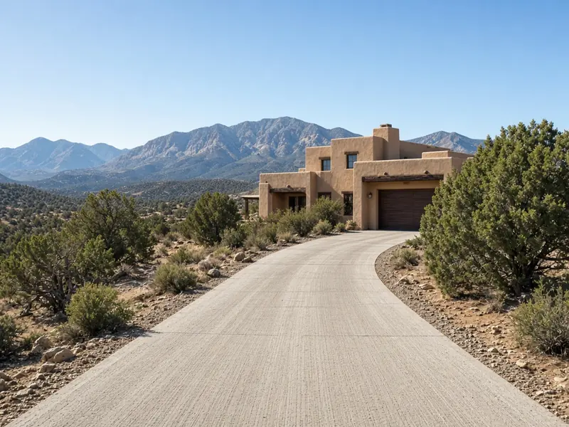 New broom-finish concrete driveway climbing a slope to a pueblo-style home among junipers, with mountains behind