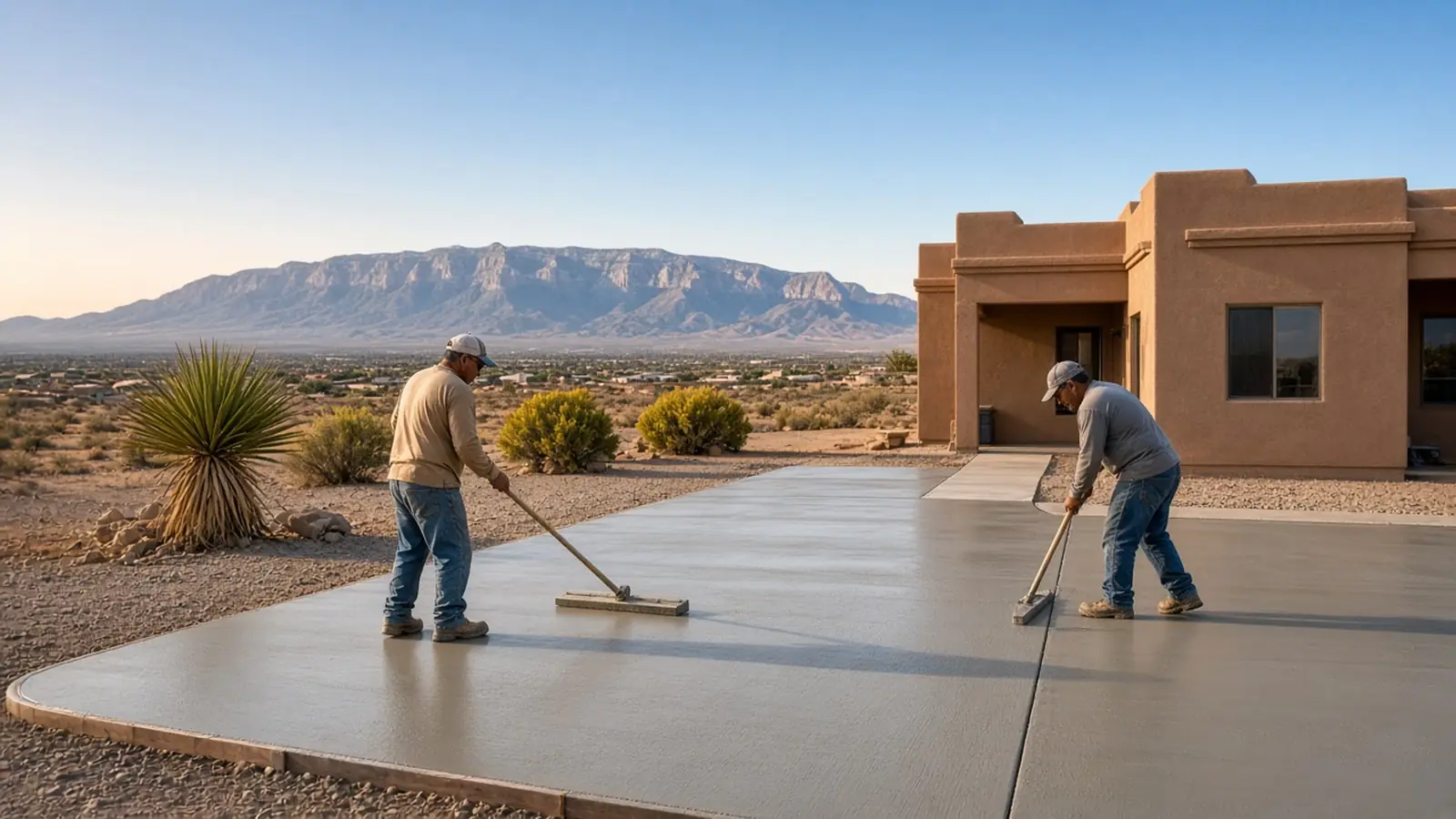 Two workers floating a freshly poured concrete driveway in front of a stucco home, with the Sandia Mountains behind