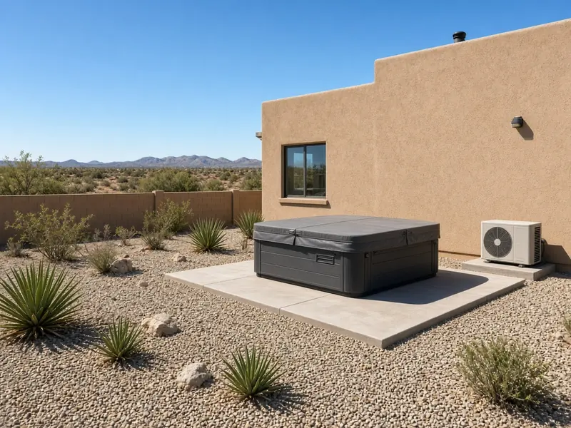 Covered hot tub on a new square concrete pad and an AC condenser on its own small pad beside a stucco home