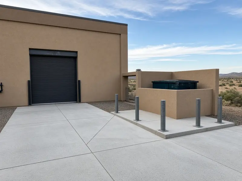 New concrete loading apron at a warehouse roll-up door beside a dumpster pad with steel bollards and a stucco enclosure