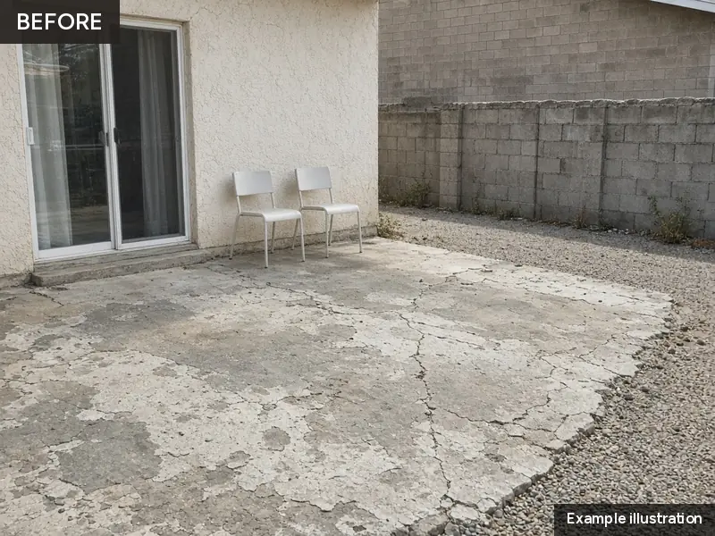 Example illustration: a worn, flaking concrete patio outside a sliding door