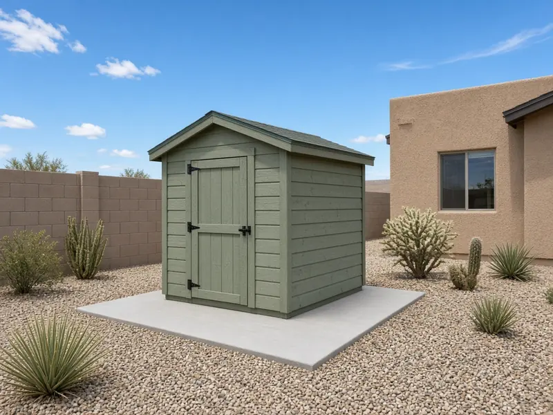 Small wood storage shed on a new concrete pad slightly larger than its footprint in a gravel desert backyard