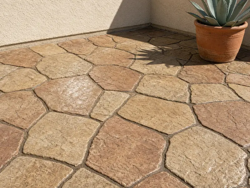 Sealed stamped concrete patio in a warm flagstone pattern with a potted agave