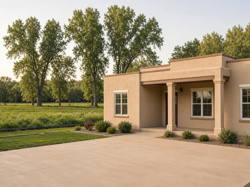 Territorial-style stucco home with a new tan concrete driveway and front patio, cottonwoods and an irrigated pasture behind
