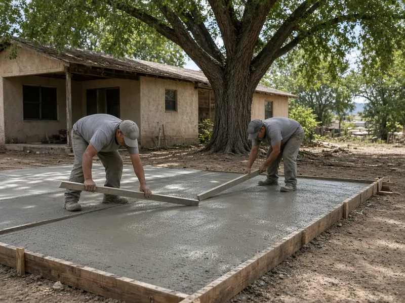 Two workers screeding a fresh concrete driveway pour in wooden forms beside an older stucco home under a large cottonwood