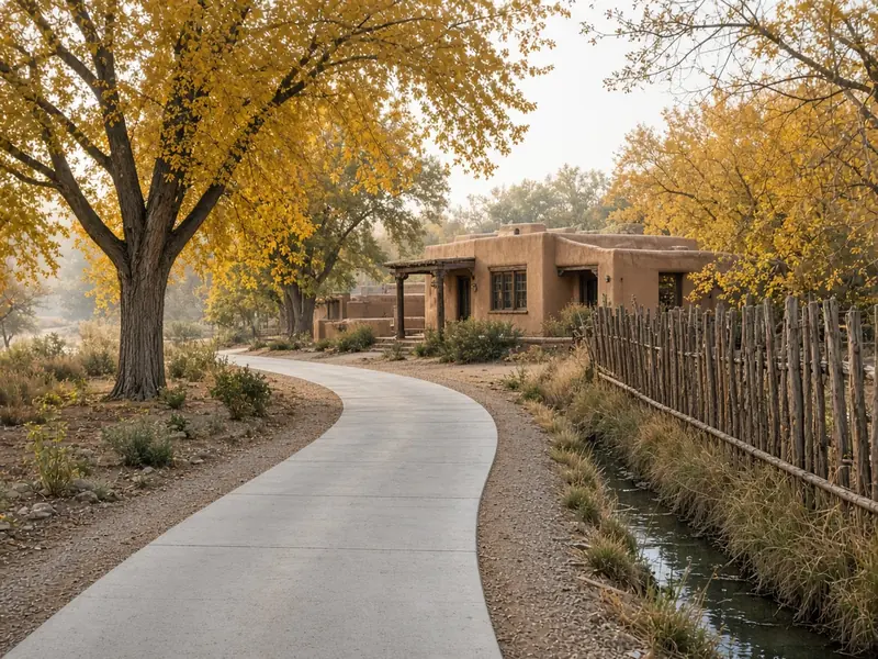 Long new concrete driveway curving to an adobe home under golden cottonwoods, beside a coyote fence and an irrigation ditch
