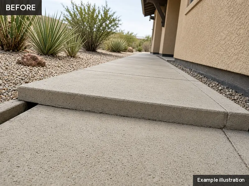 Example illustration: a sunken walkway panel with a raised trip edge beside a stucco house