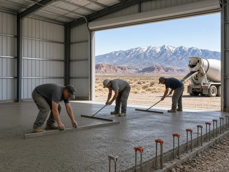 Crew finishing a fresh concrete slab inside a metal workshop with mountains in the distance